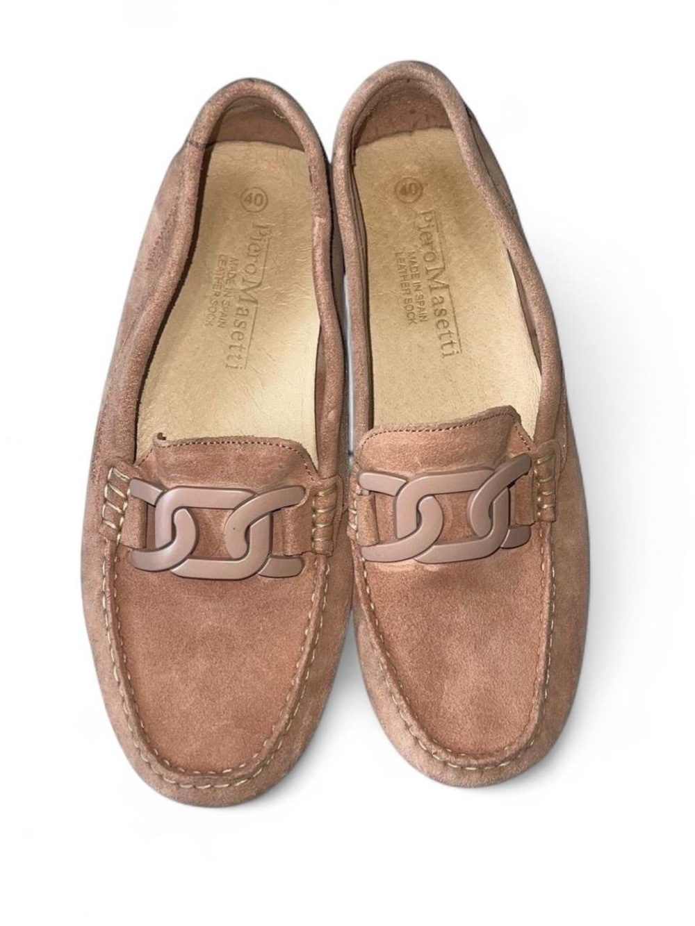 Piero Maserati tan suede loafers with chain detailing and leather sole